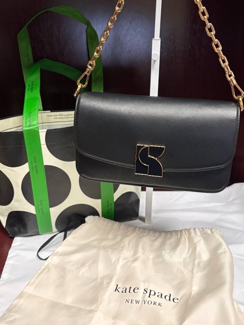 Kate Spade Black Enamel‑Logo Shoulder Bag
